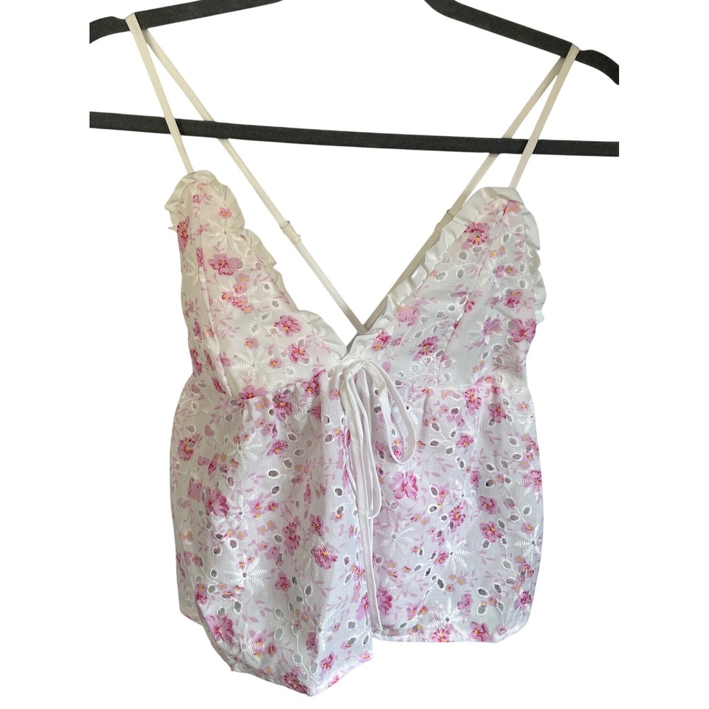 Shein White Pink Floral Eyelet Camisole Top Ruffle Tie Front Adjustable Straps S